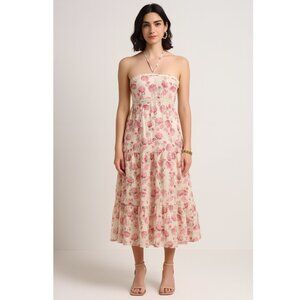 Athena Procopiou Floral Halter Midi Dress Large Pink NEW
